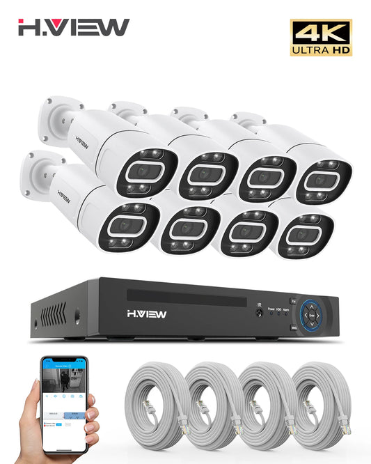 H.VIEW 8 Channel 4K PoE Security System NVR Kit Cameras
