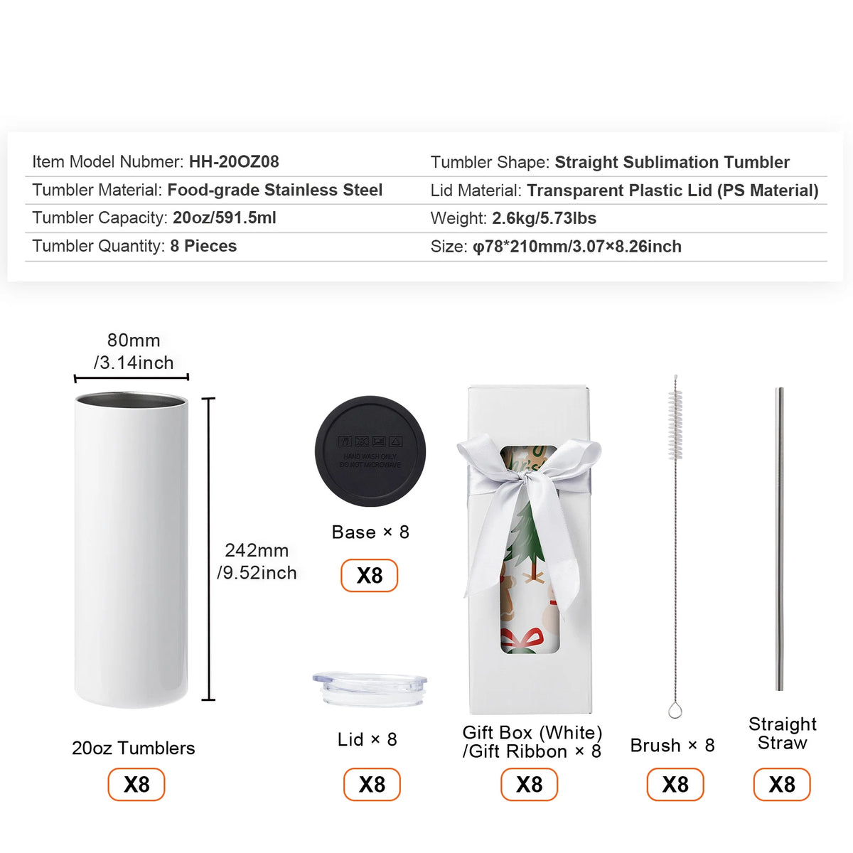SucceBuy Straight Sublimation Tumblers Insulated Stainless Steel Double Wall