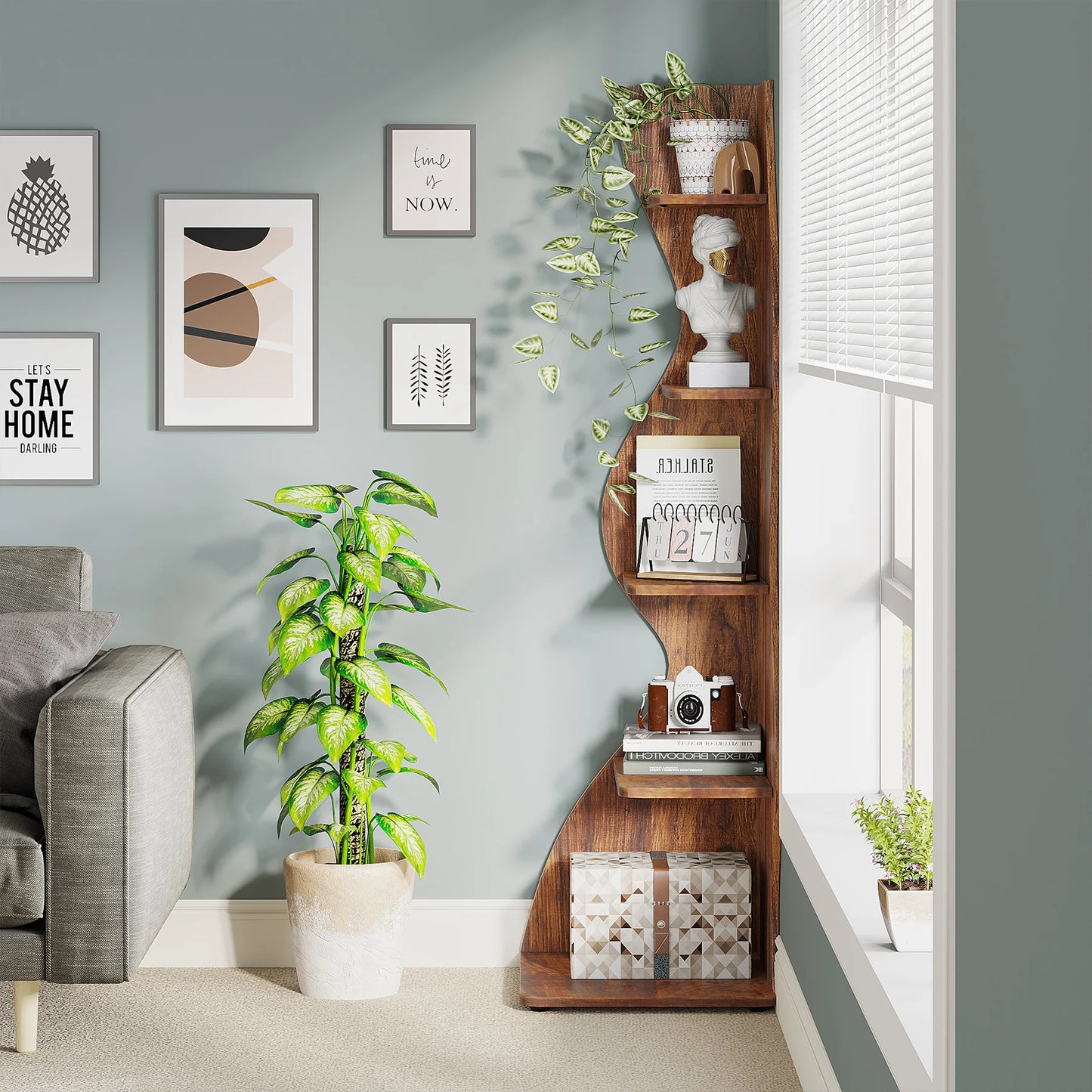 Tribesigns Rustic Five Tier Corner Shelf Wall Bookcase