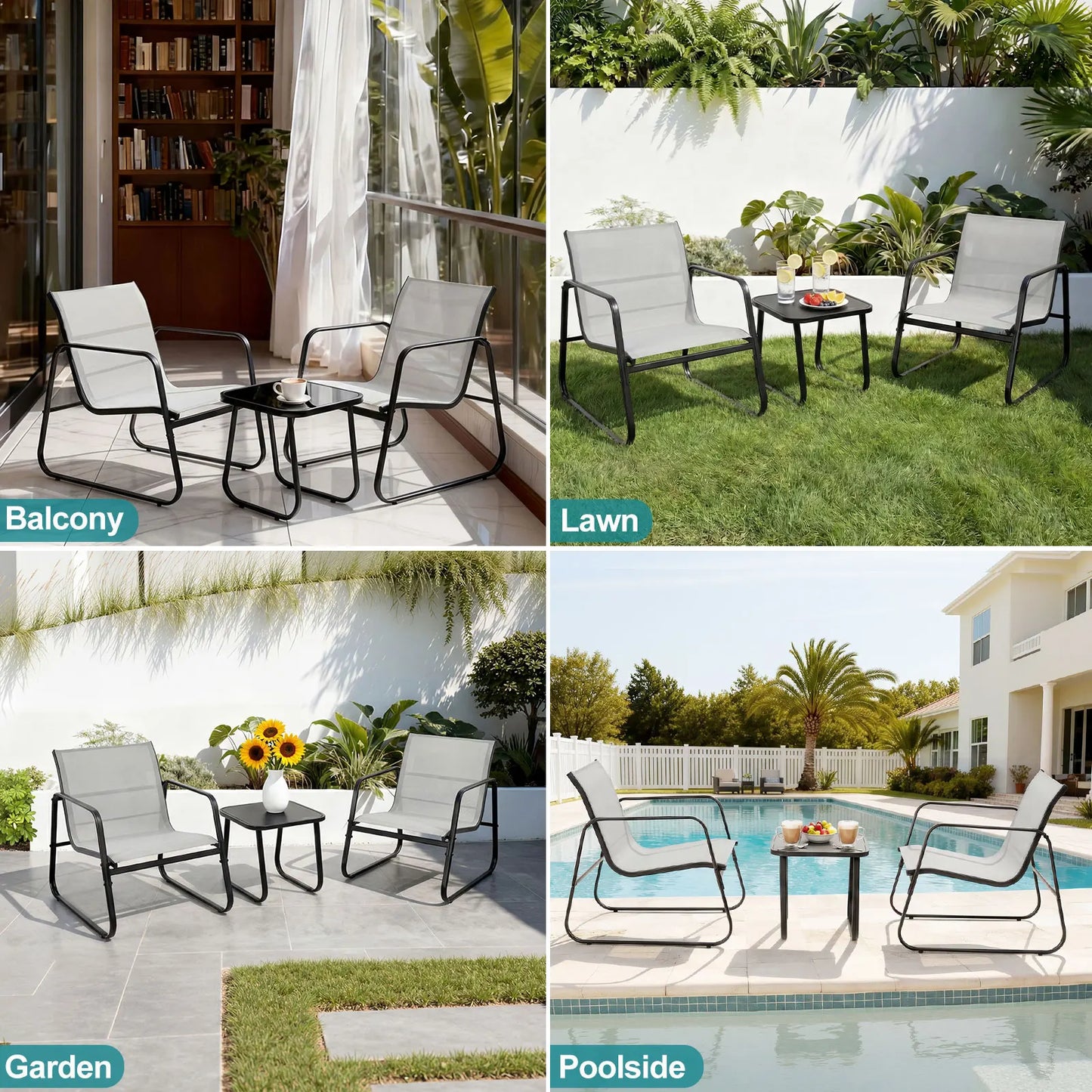JHK Outdoor Patio Furniture Set Three Piece Table Metal Frame