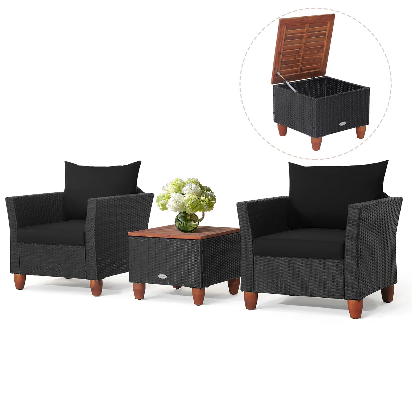HOMASIS 3-Piece Patio Rattan Furniture Set Cushioned Sofa Storage Table