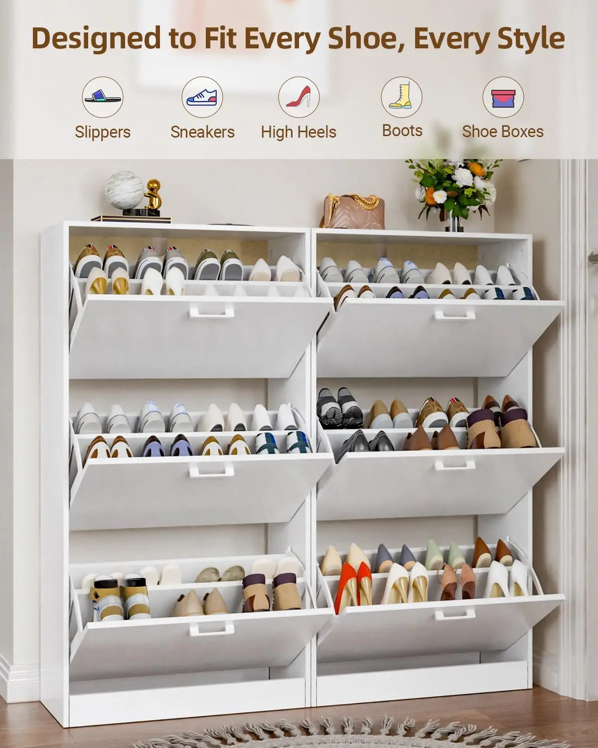 Wooden Freestanding Shoe Cabinet Flip Drawers Hidden Storage Organizer