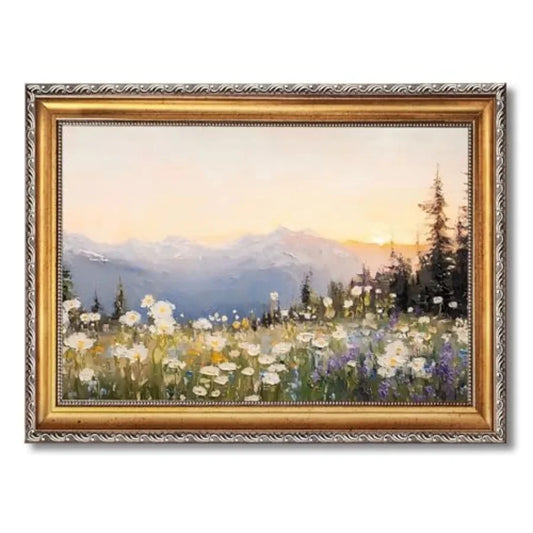 Rustic Nature Wall Art Vintage Wildflower Sunset Mountain On Canvas