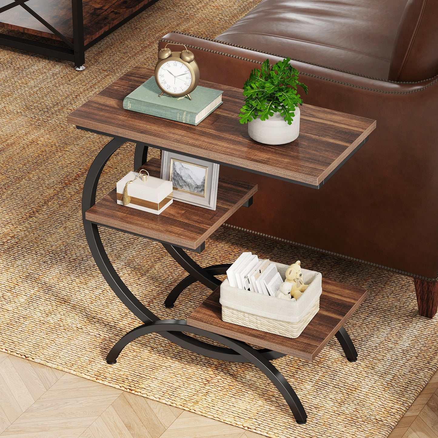 Tribesigns C-Shaped End Table Industrial 3-Tier Storage Shelves