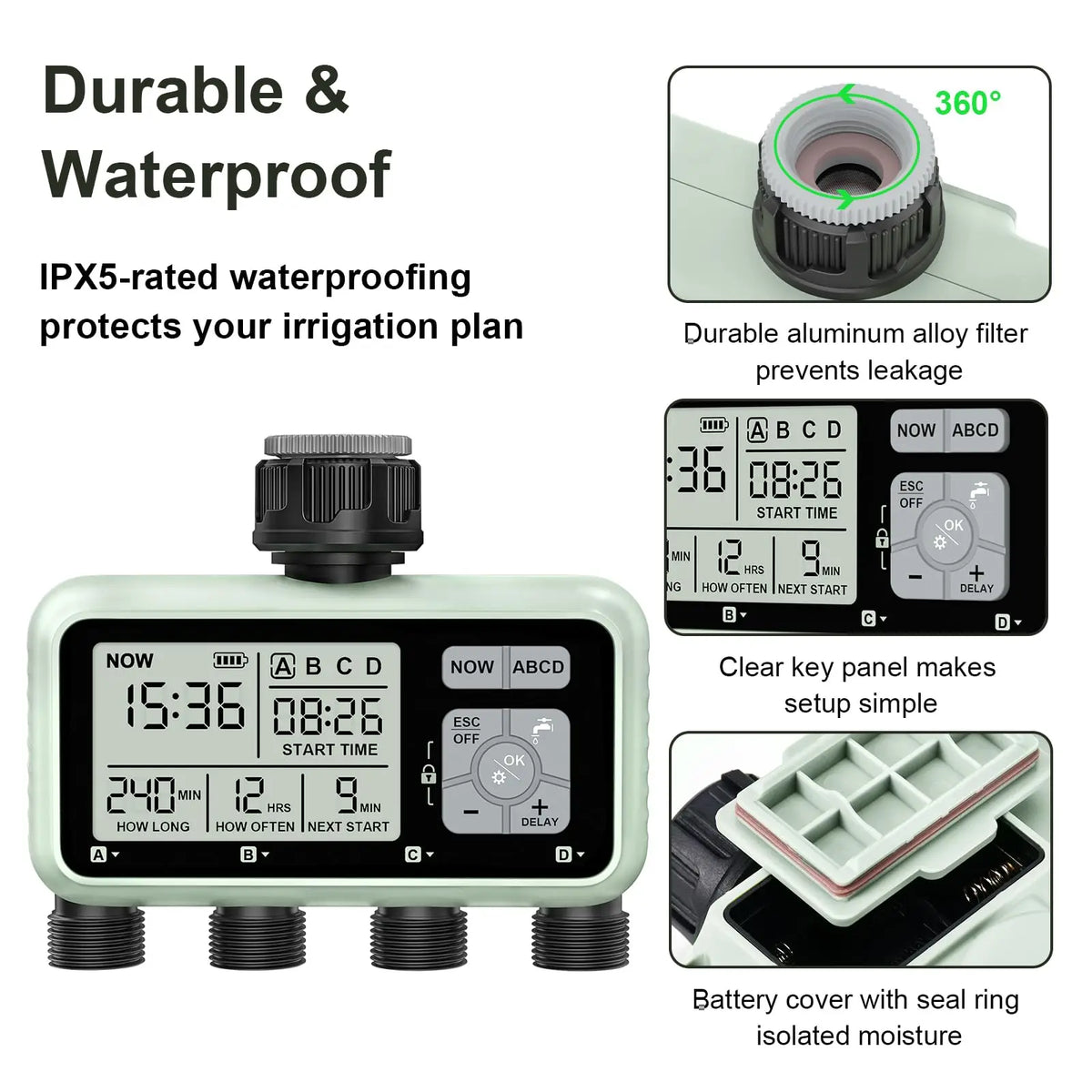 Four Zone Programmable Garden Sprinkler Watering Timer With Rain Delay