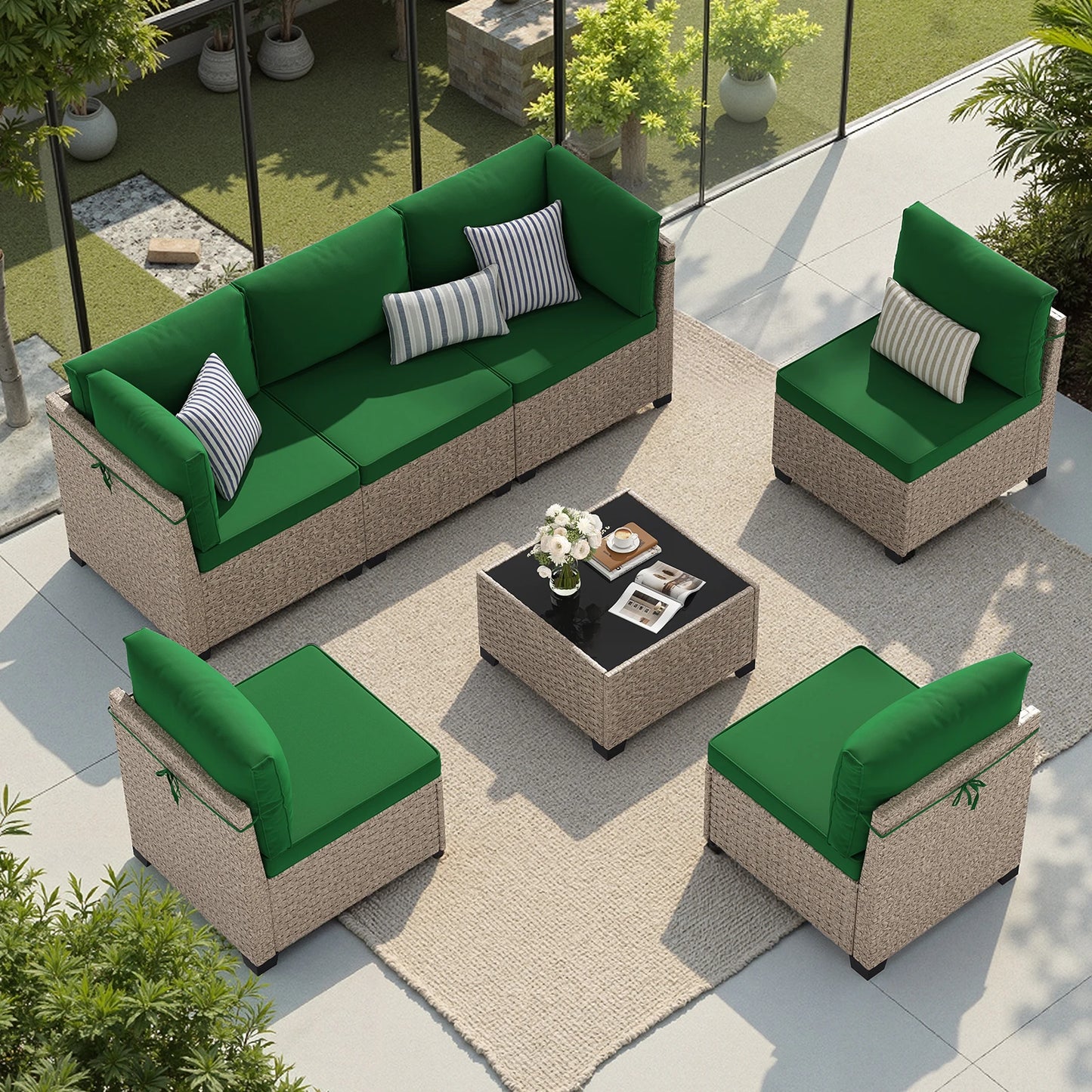 Outdoor 7-Piece Rattan Patio Set With Glass Table All Weather