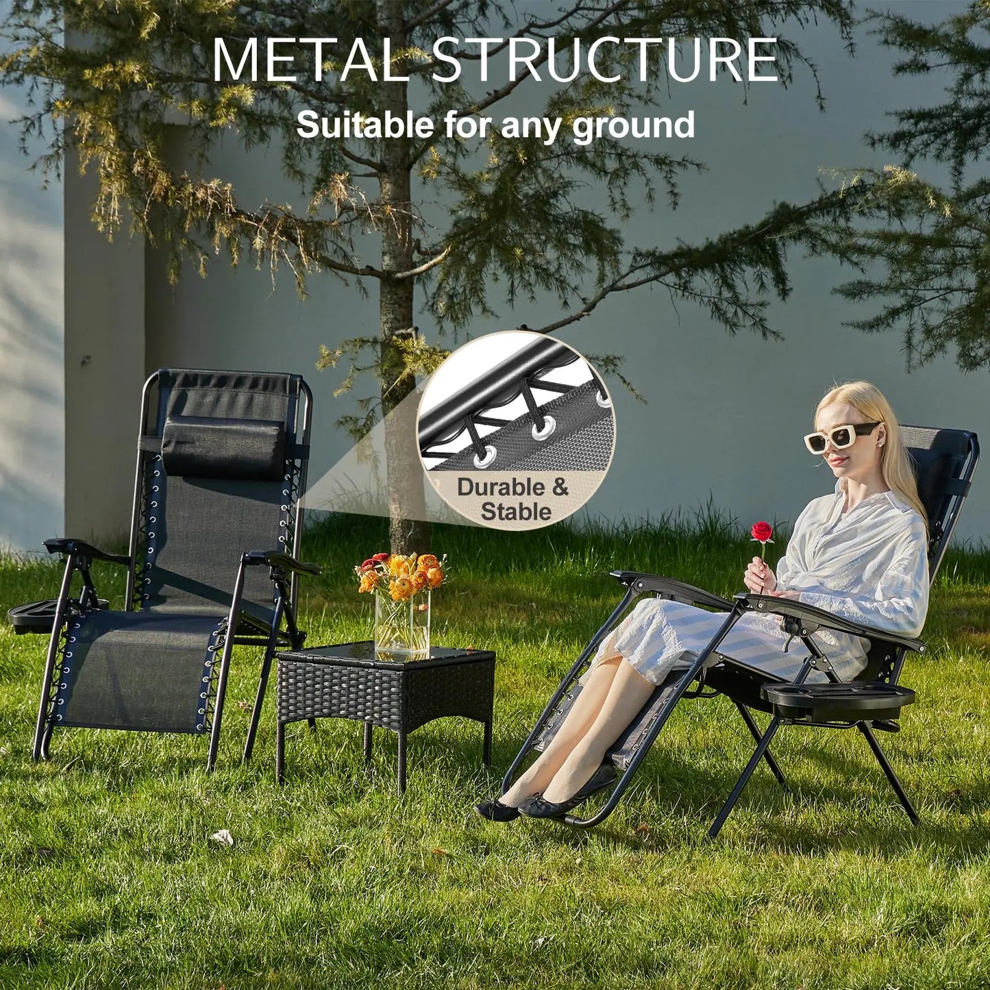 JHK Zero Gravity Portable Recliner Outdoor Lounge Chair With Cup Holder Trays