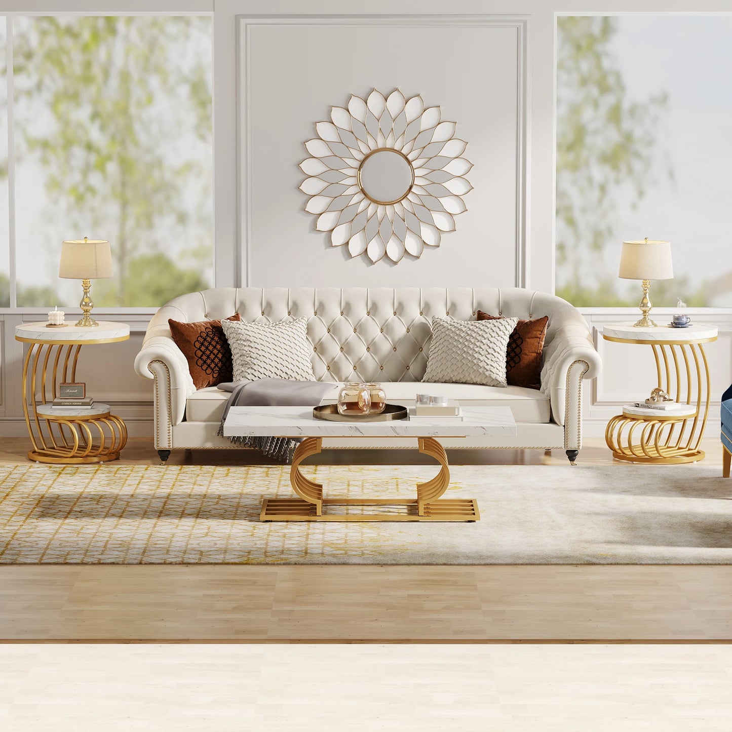 Tribesigns Round End Table Two Tiers Faux Marble Storage