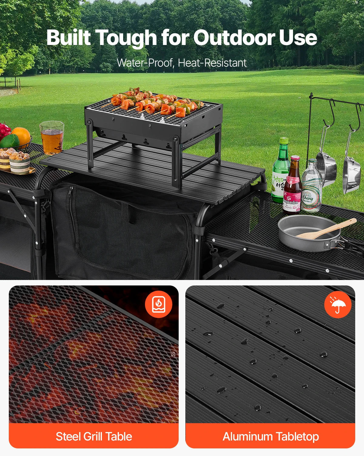 SucceBuy Camping Kitchen Table Aluminum Portable Cook Station With Storage
