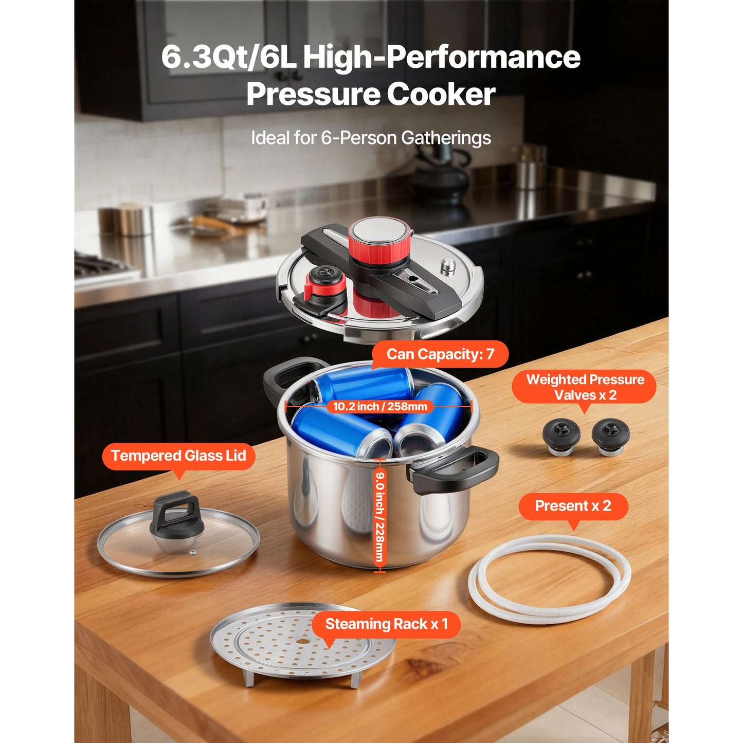 SucceBuy Stainless Steel Pressure Cooker With Steaming Rack Glass Lid
