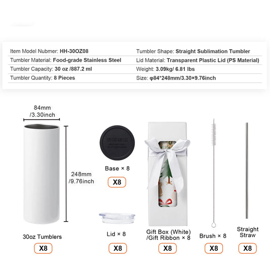 SucceBuy Straight Sublimation Tumblers Insulated Stainless Steel Double Wall