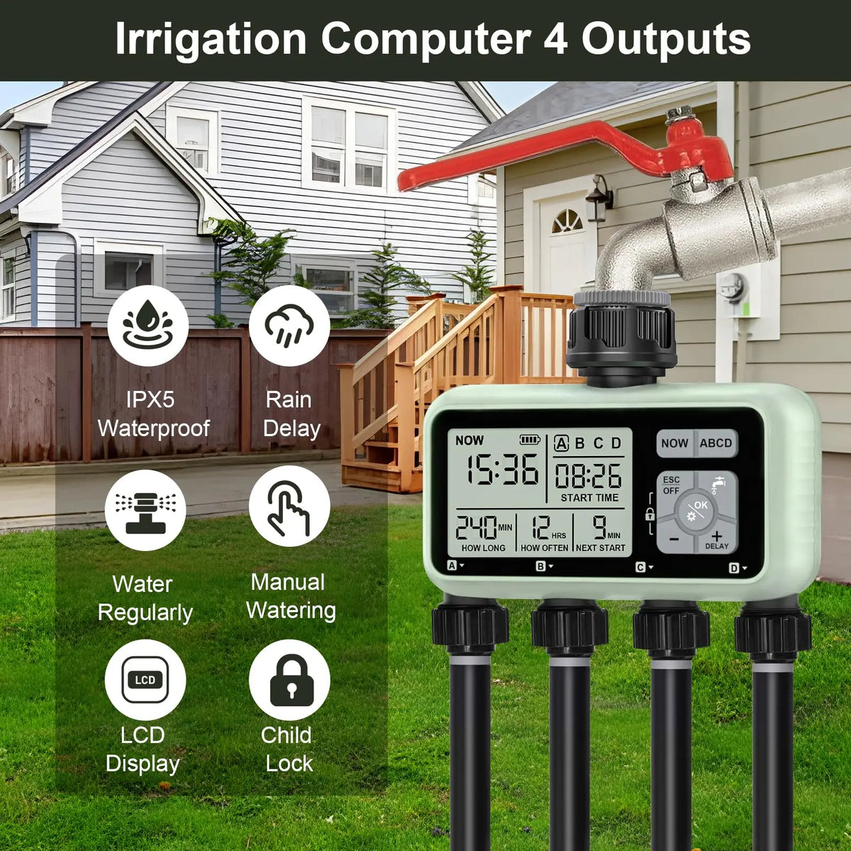 Four Zone Programmable Garden Sprinkler Watering Timer With Rain Delay