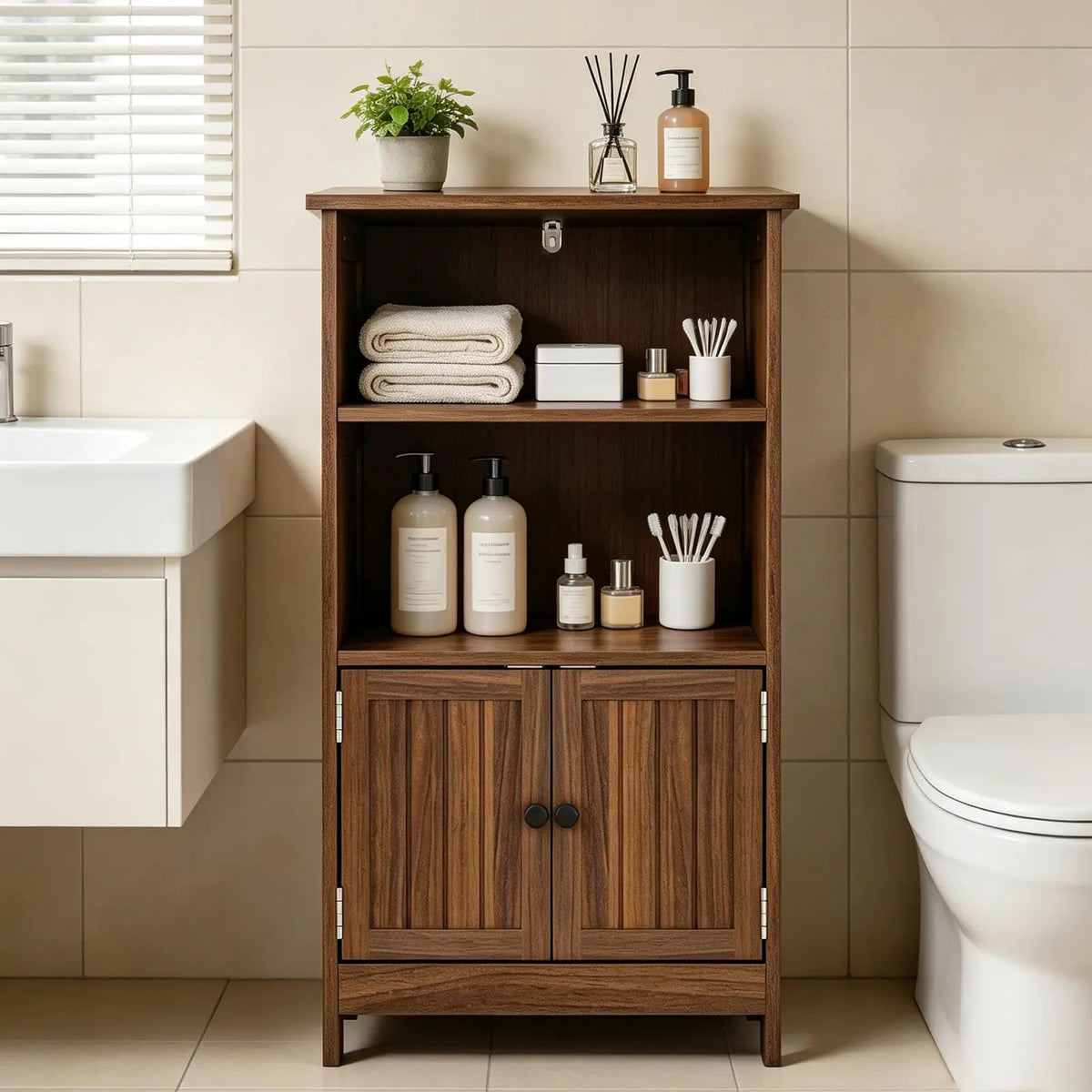 HiMISS Farmhouse Bathroom Storage Cabinet With Adjustable Shelves for Home Organization