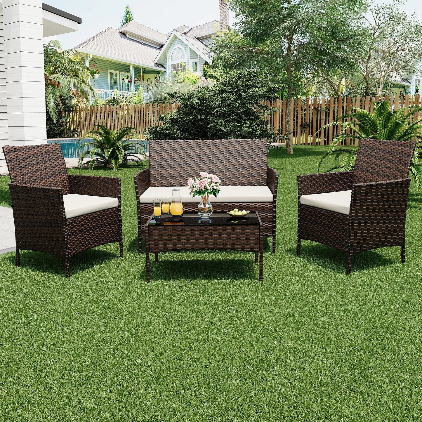 HiMISS Outdoor Patio Furniture Set Rattan Cushioned Sofa Glass Table