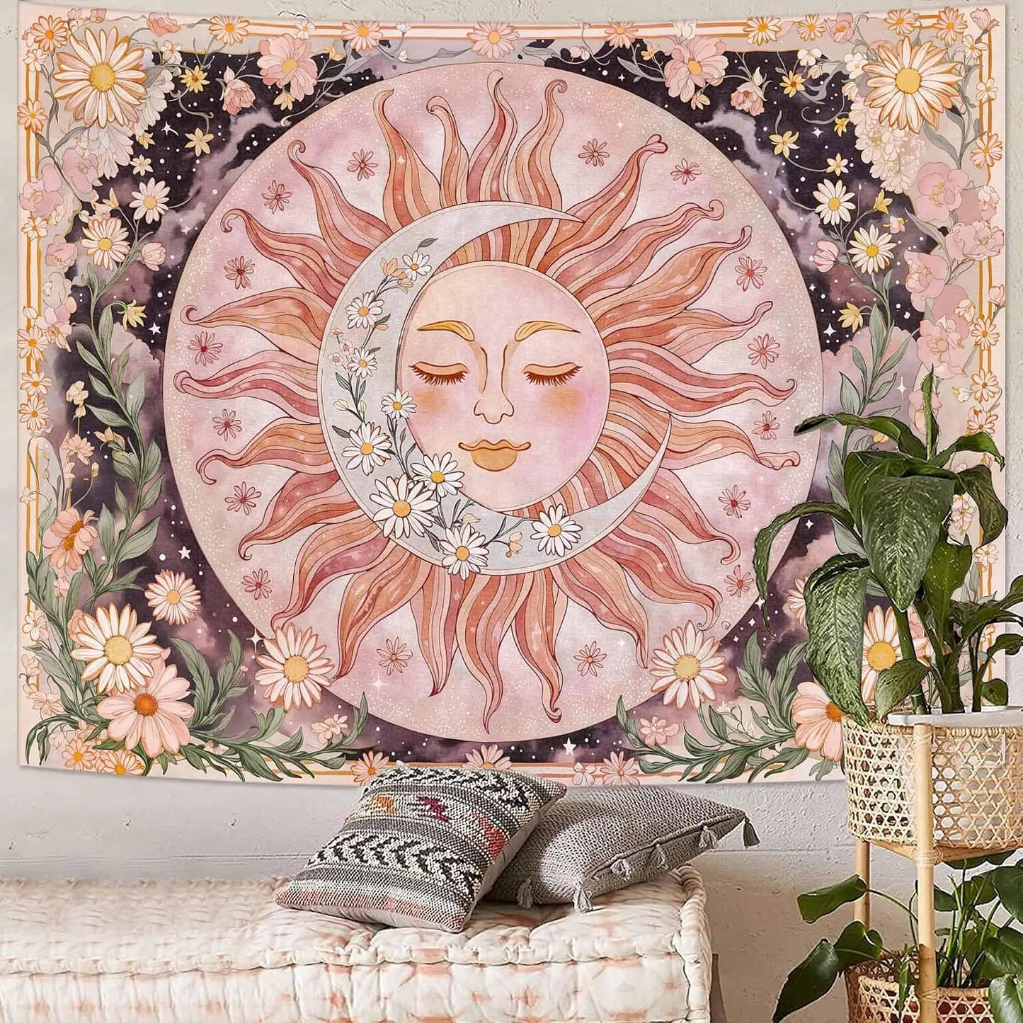 Boho Daisy Tapestry Sun Moon Wall Art For Living Room