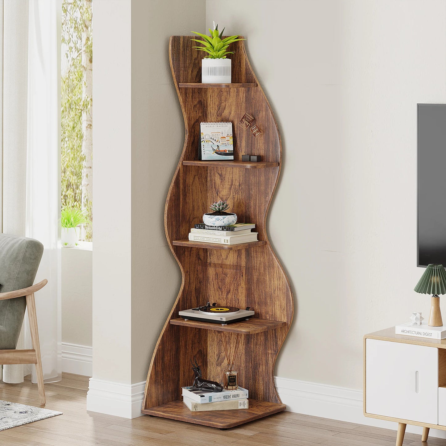 Tribesigns Rustic Five Tier Corner Shelf Wall Bookcase