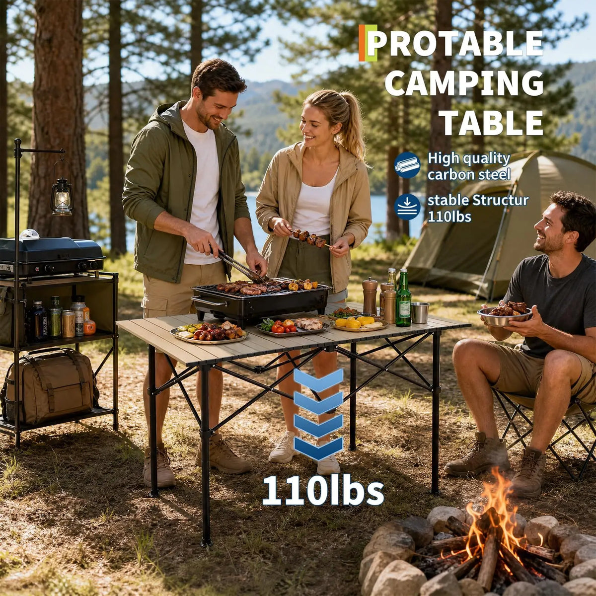 HiMISS Adjustable Folding Camping Table With Portable Aluminum Roll Up