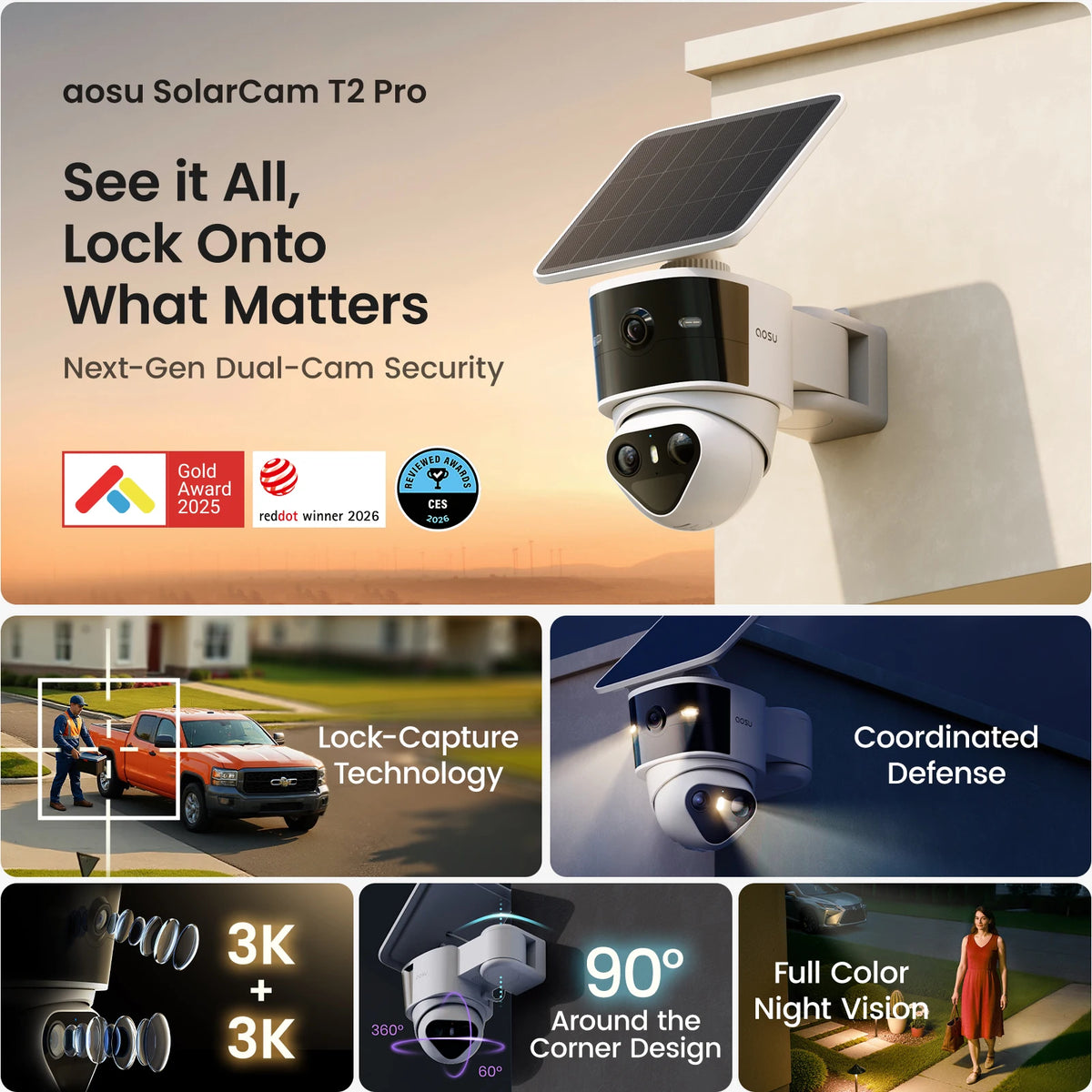 AOSU Solar Wireless Outdoor Security Cameras With AI Motion Tracking