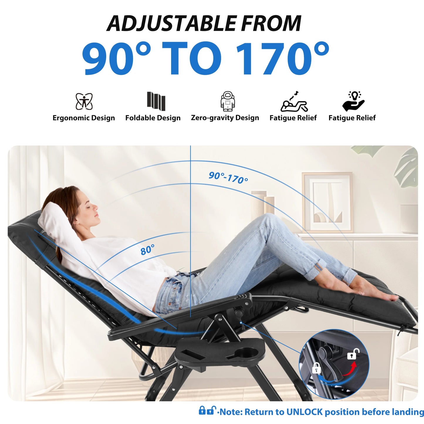 Zero Gravity Cushioned Lounge Chair Outdoor Folding Camping Cup Holder