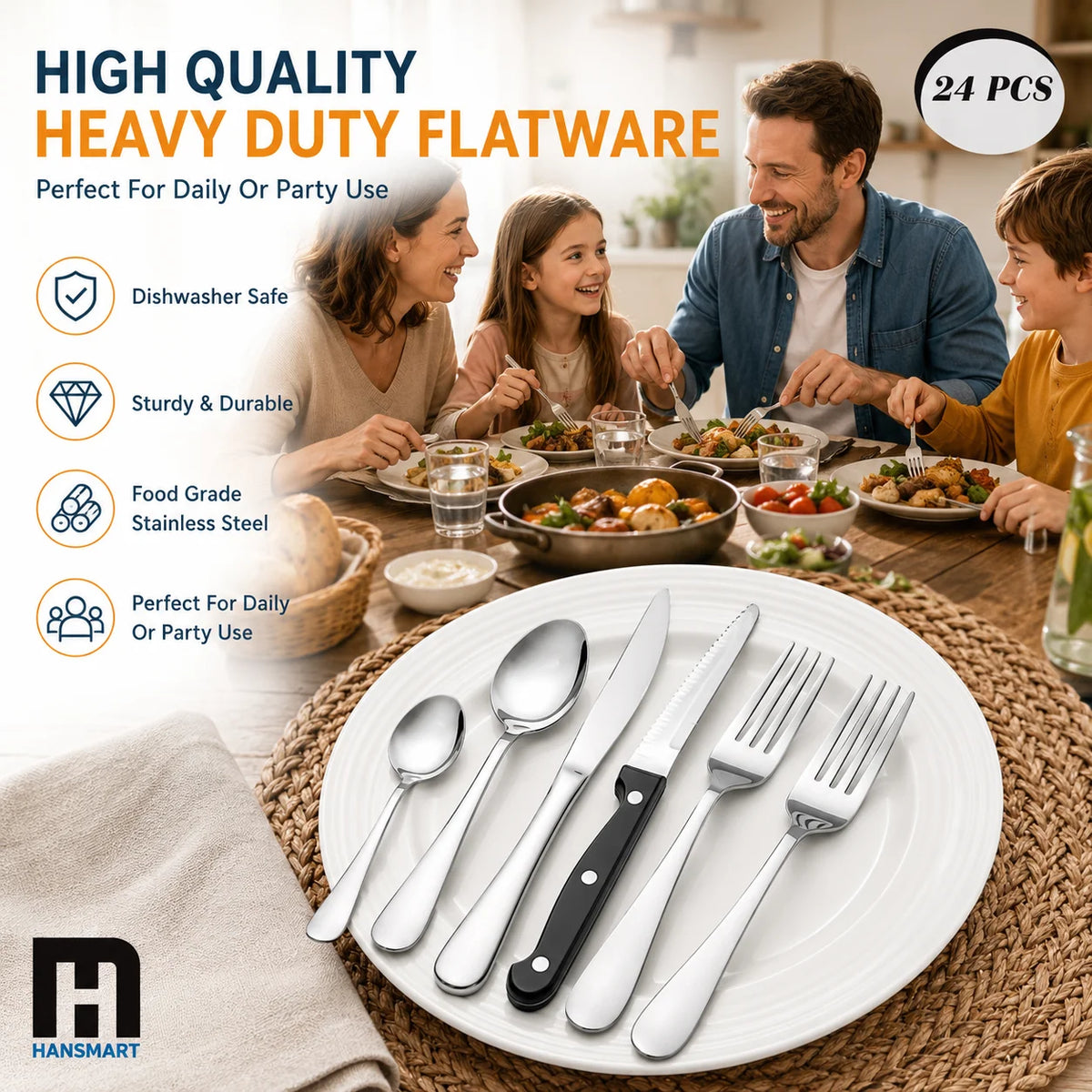 HanSmart Mirror Polished Stainless Steel Flatware Set Service For Four