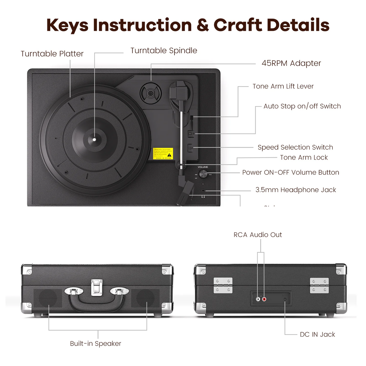MaiO MultiSpeed Record Player Featuring Stereo Speakers And Headphone Jack