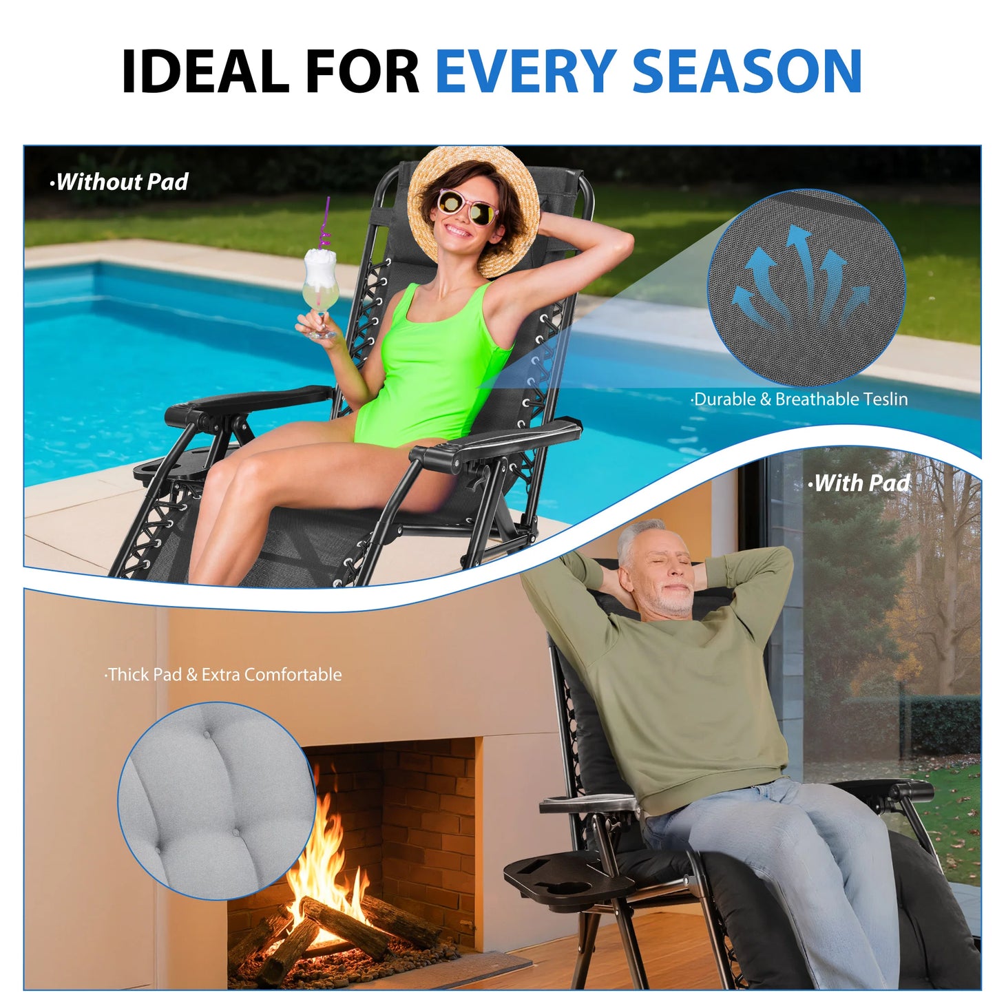 Zero Gravity Cushioned Lounge Chair Outdoor Folding Camping Cup Holder