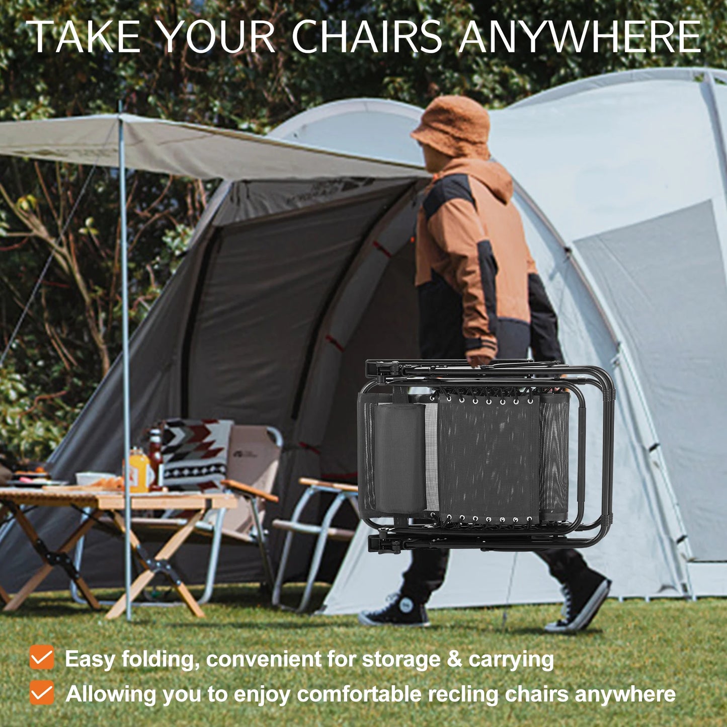 JHK Zero Gravity Portable Recliner Outdoor Lounge Chair With Cup Holder Trays