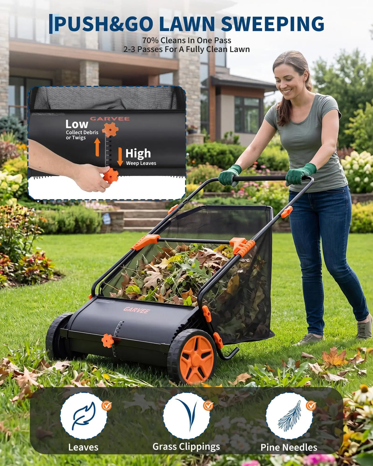 HiMISS Push Lawn Sweeper With Collection Bag And Four Brushes