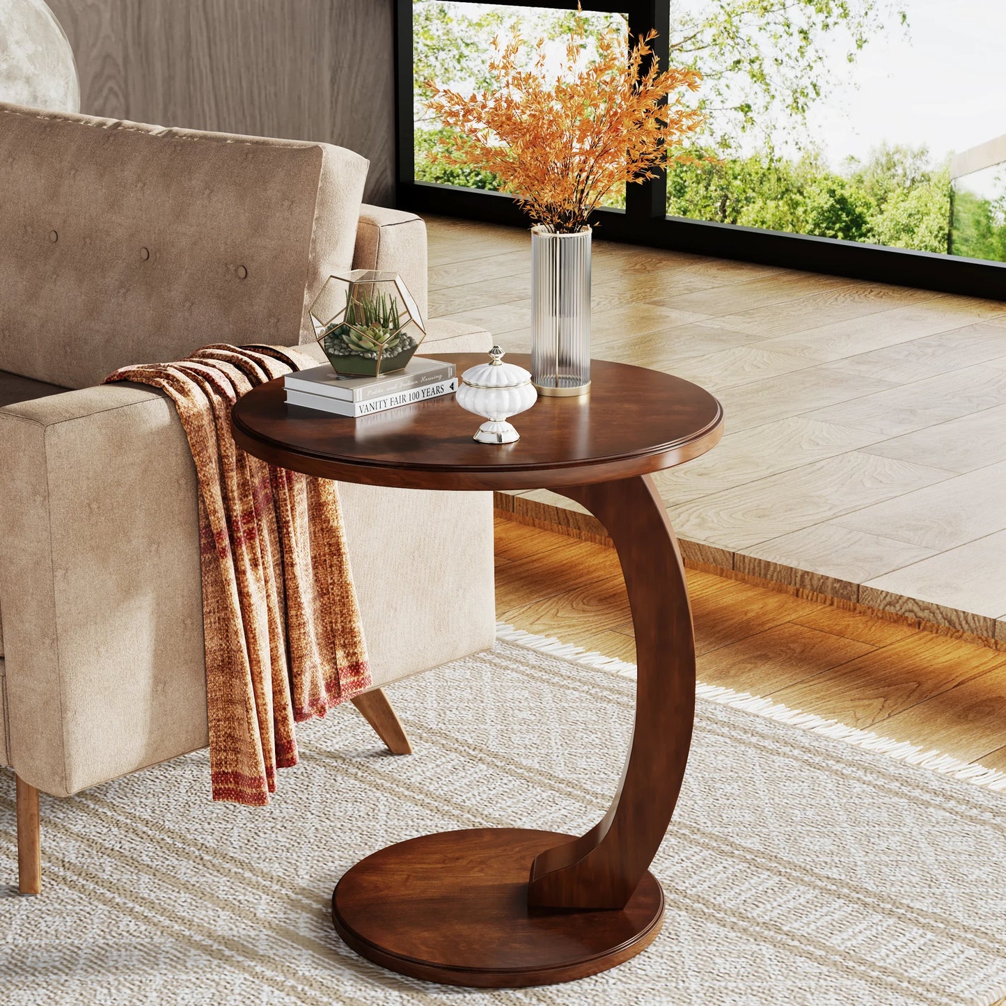 Tribesigns Round End Table Wood C Shaped Sofa Side Table