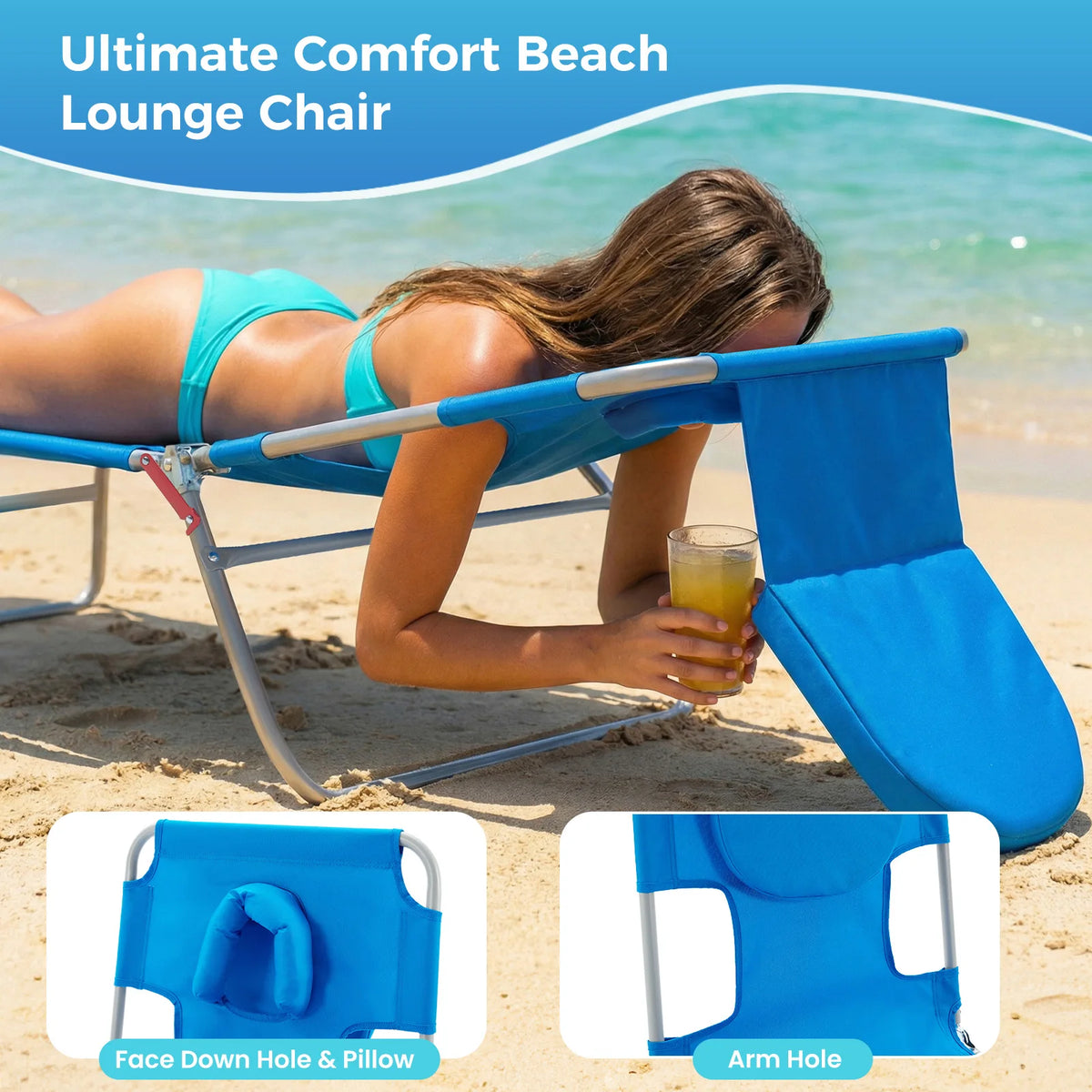 JHK Adjustable Folding Beach Lounge Chair With Face Arm Holes