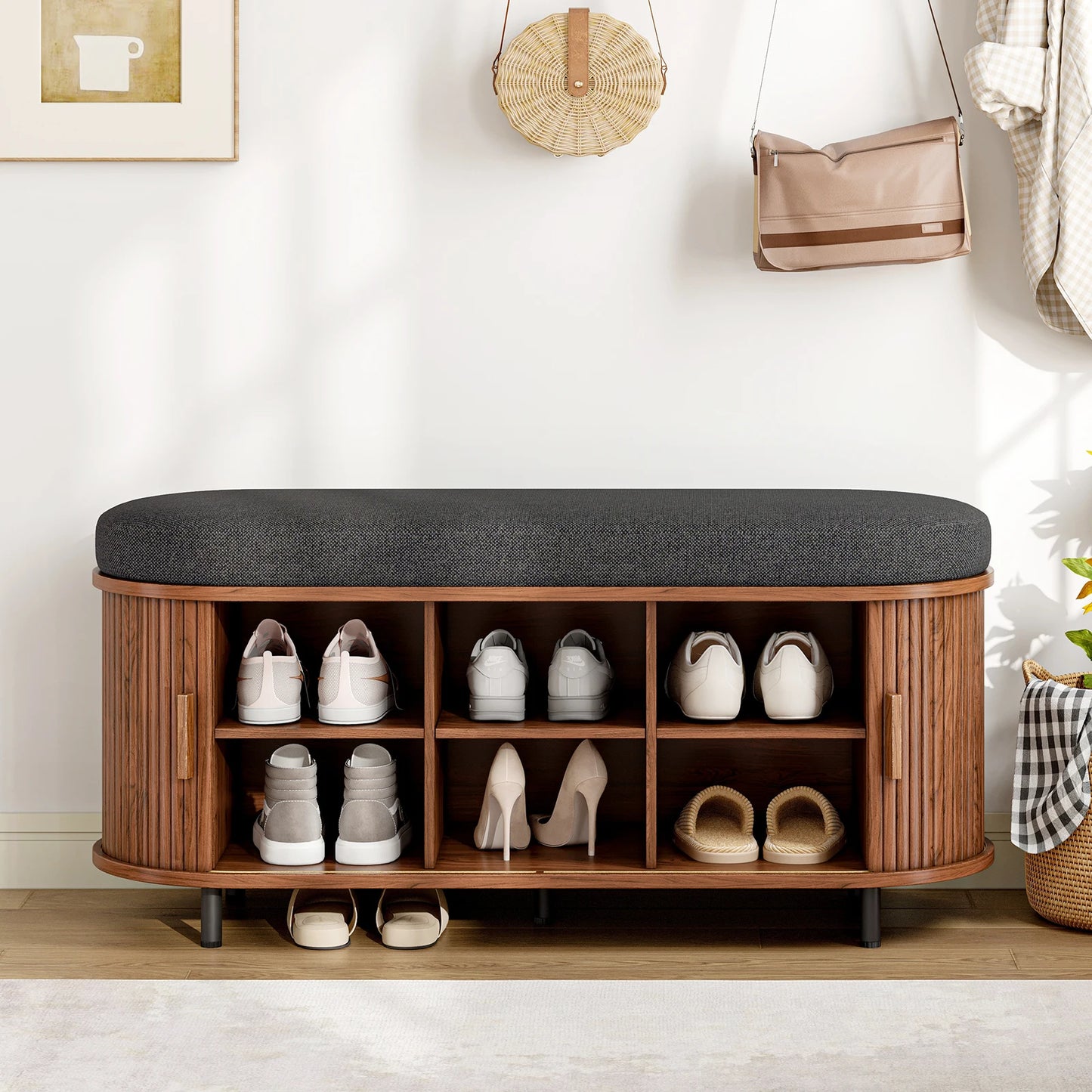 Wooden Shoe Storage Bench With Cushion Sliding Door Entryway Organizer