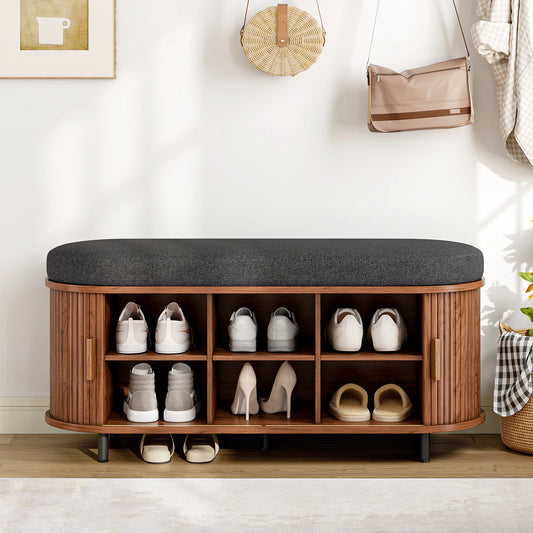 Wooden Shoe Storage Bench With Cushion Sliding Door Entryway Organizer