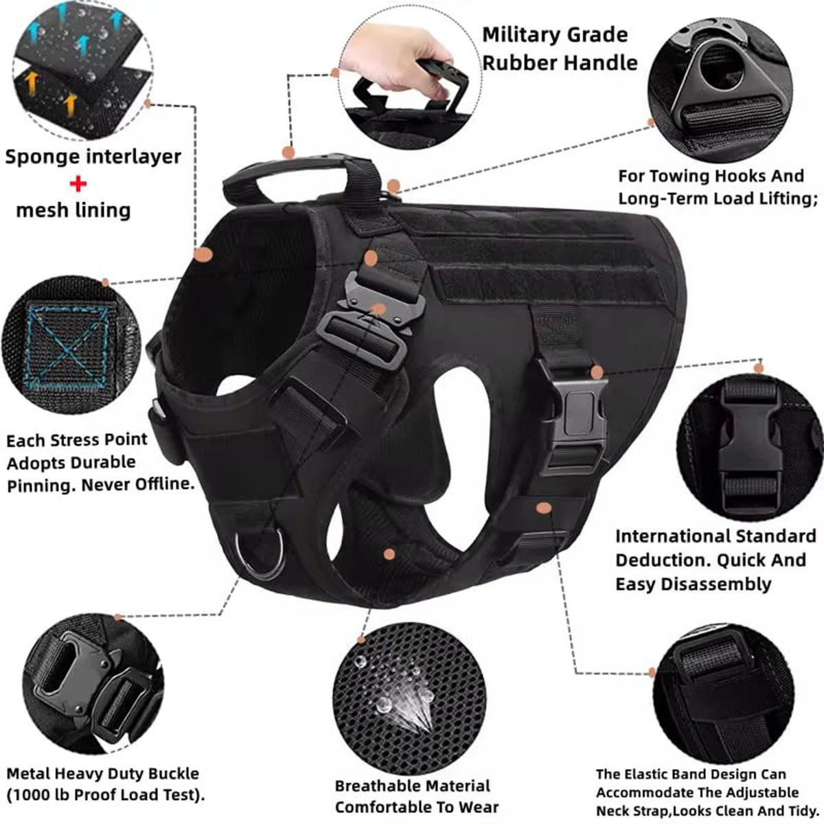 Tactical Nylon Dog Harness With Molle Pockets And Quick Release