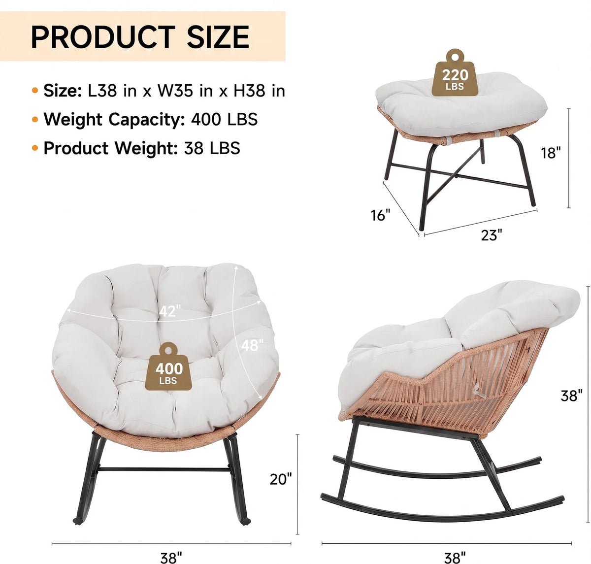 ONBRILL Rattan Papasan Rocking Chair With Ottoman For Indoor Outdoor Lounging