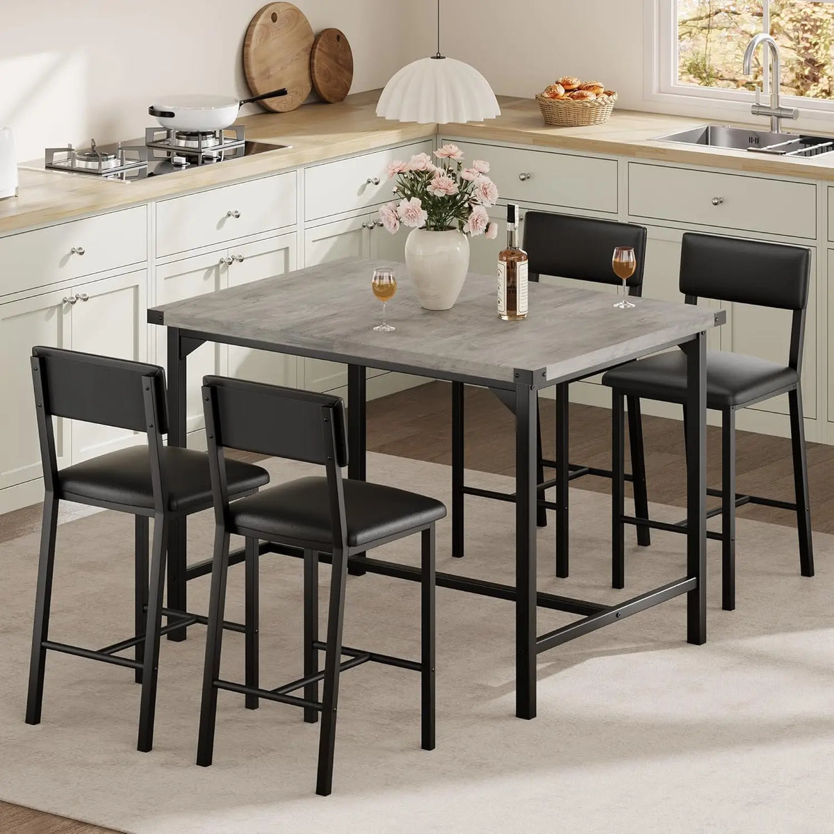 HiMiss 5 Piece Dining Table Set With Four Upholstered Chairs