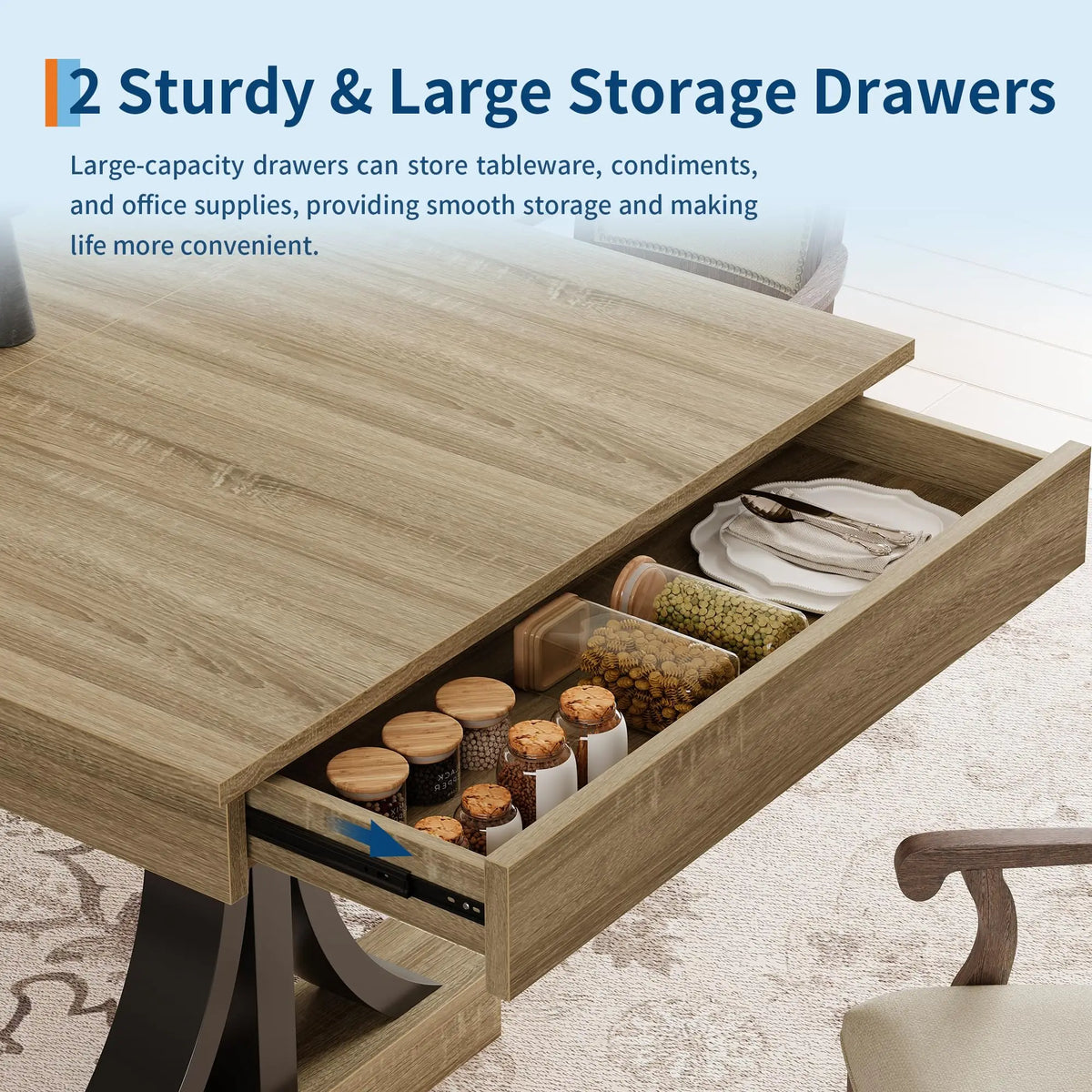 HiMISS Industrial Dining Table With Double Pedestal And Storage Drawers