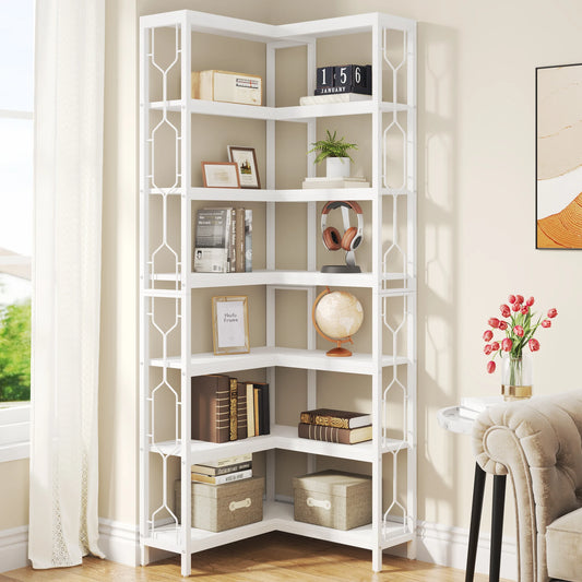Little Tree 7-Tier Industrial Corner Bookshelf Wood and Metal Etagere