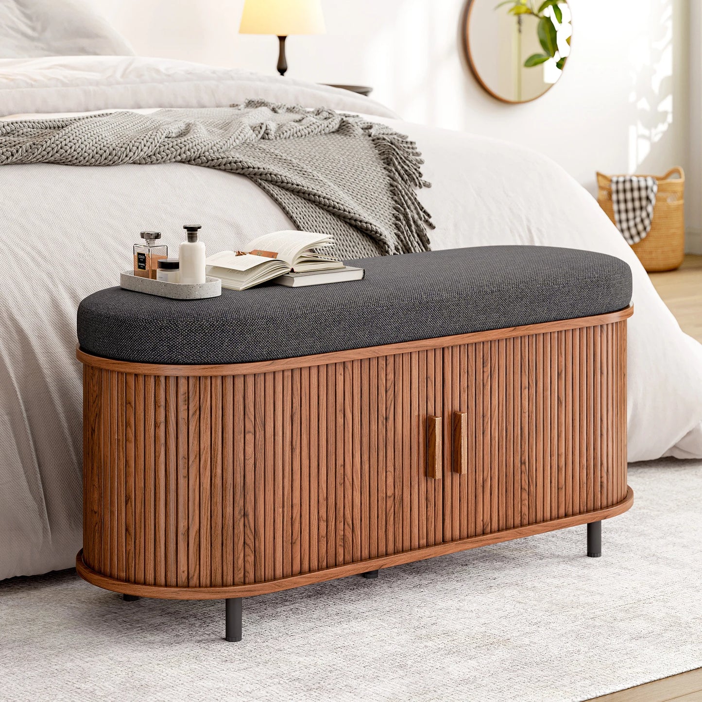 Wooden Shoe Storage Bench With Cushion Sliding Door Entryway Organizer