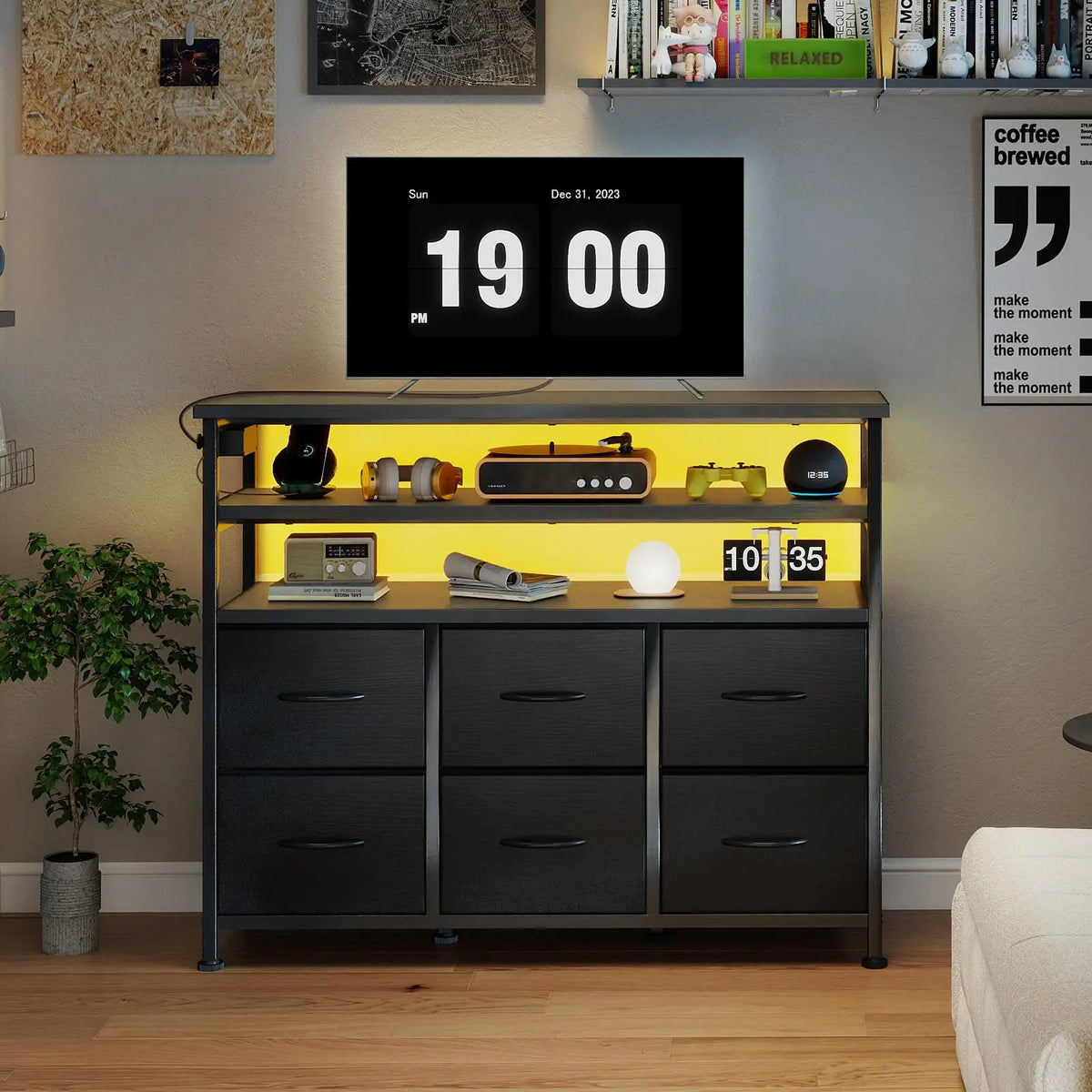 JHK Modern TV Stand Cabinet With Fabric Drawers For Home