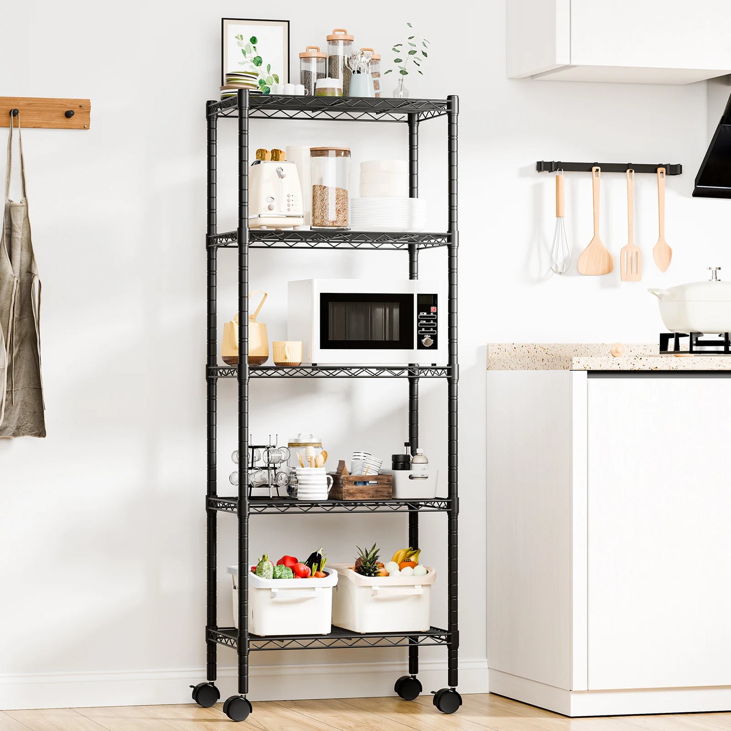 JHK 3-5 Tier Grid Storage Bookshelf With Lockable Wheels