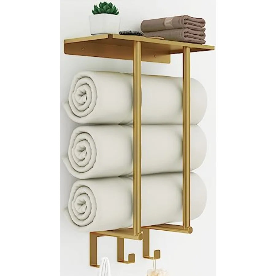 Wall Mounted Metal Towel Rack Shelf Hooks Bathroom Storage Holder