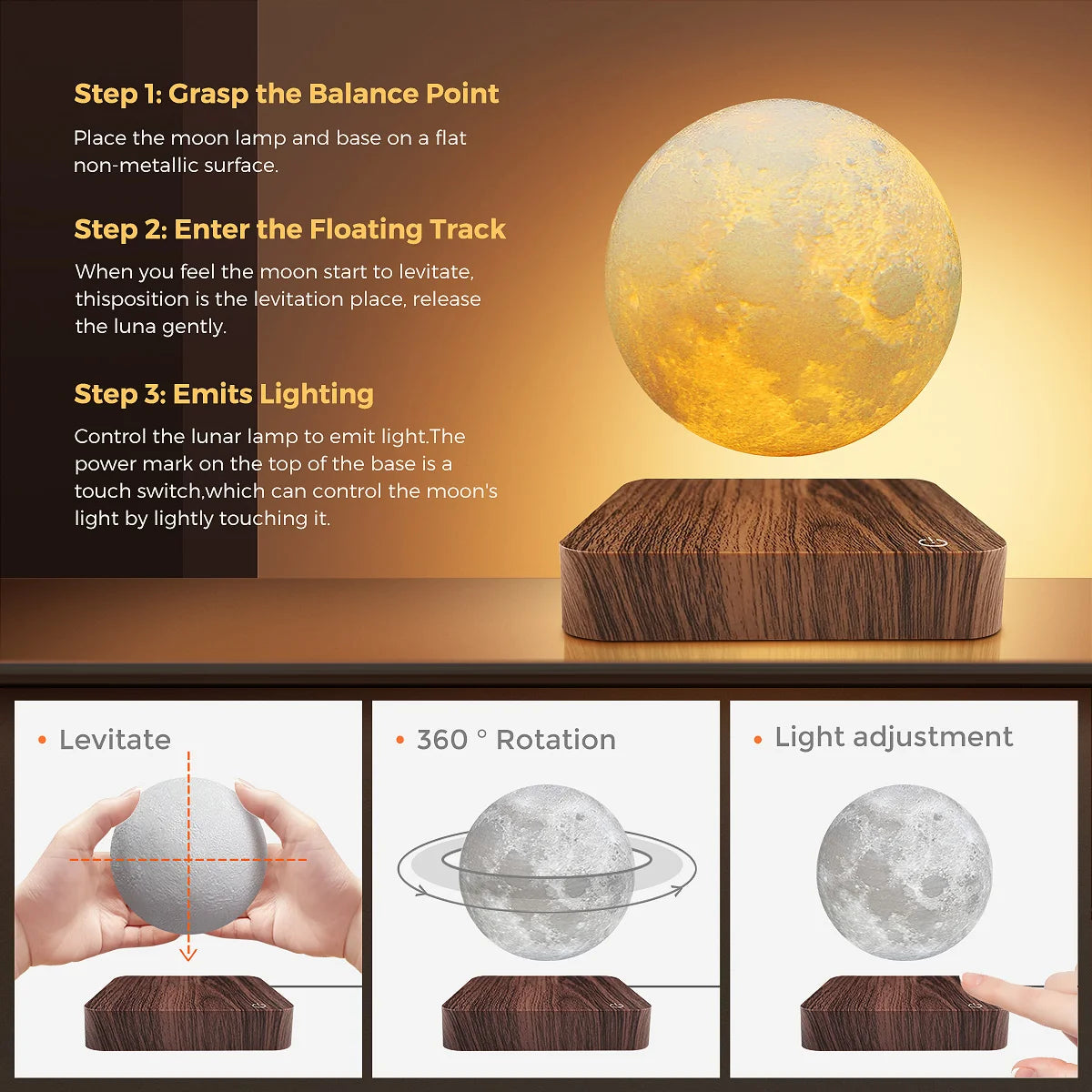 Mexllex Floating Moon Lamp With Wooden Base 3 Color LED Night Light