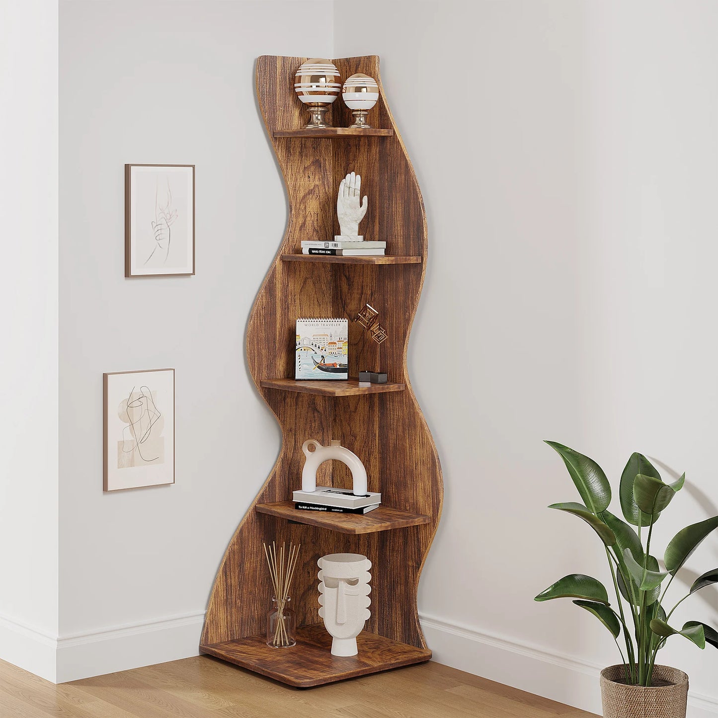 Tribesigns Rustic Five Tier Corner Shelf Wall Bookcase