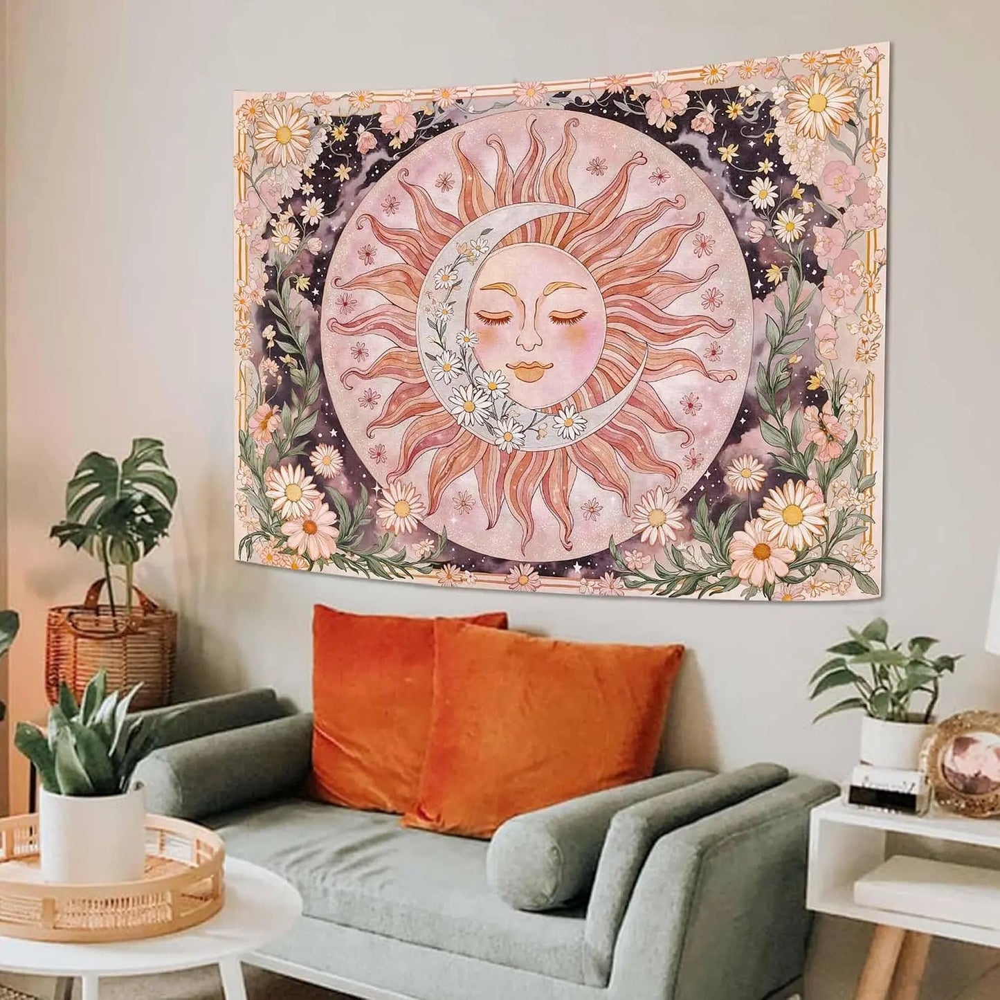 Boho Daisy Tapestry Sun Moon Wall Art For Living Room