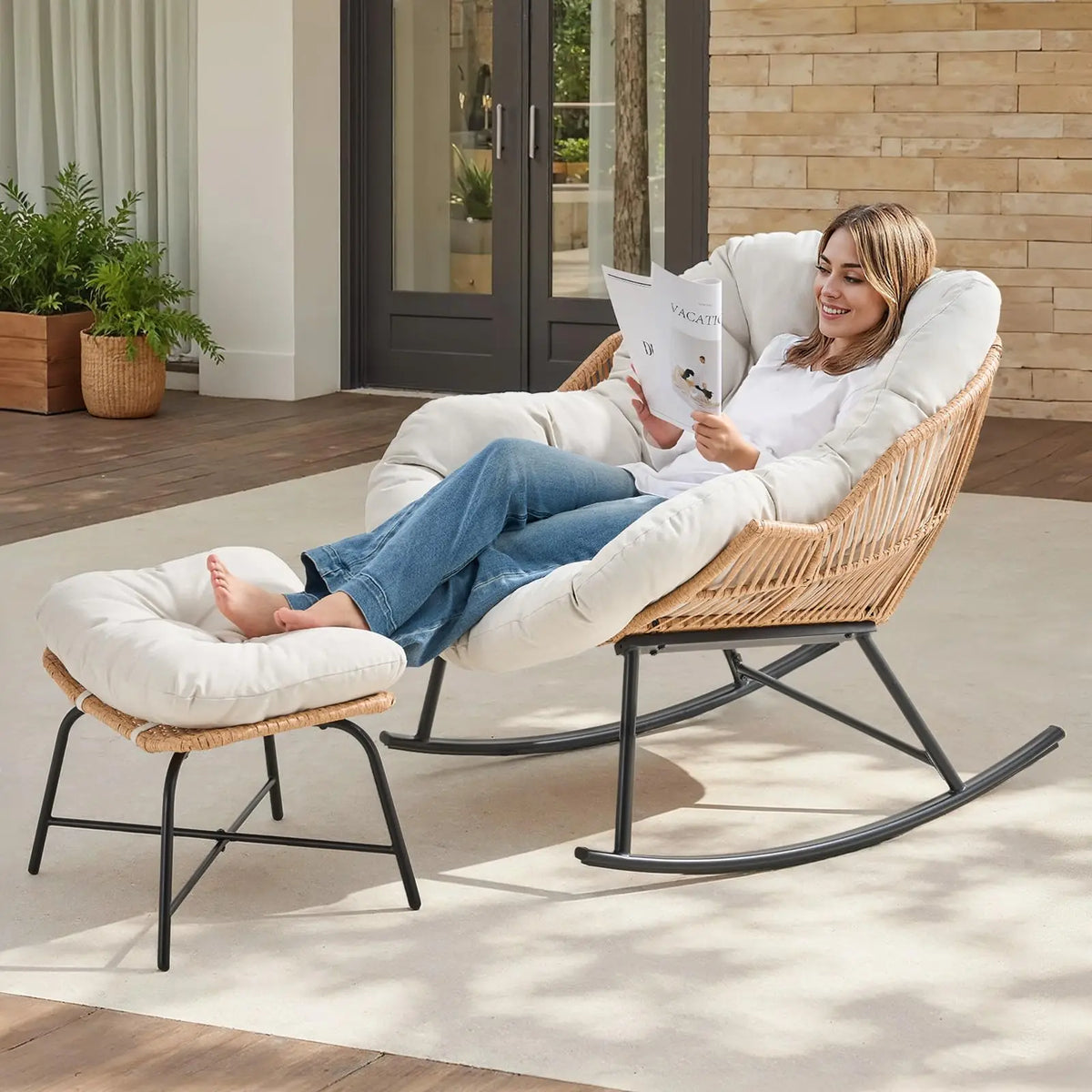 ONBRILL Rattan Papasan Rocking Chair With Ottoman For Indoor Outdoor Lounging