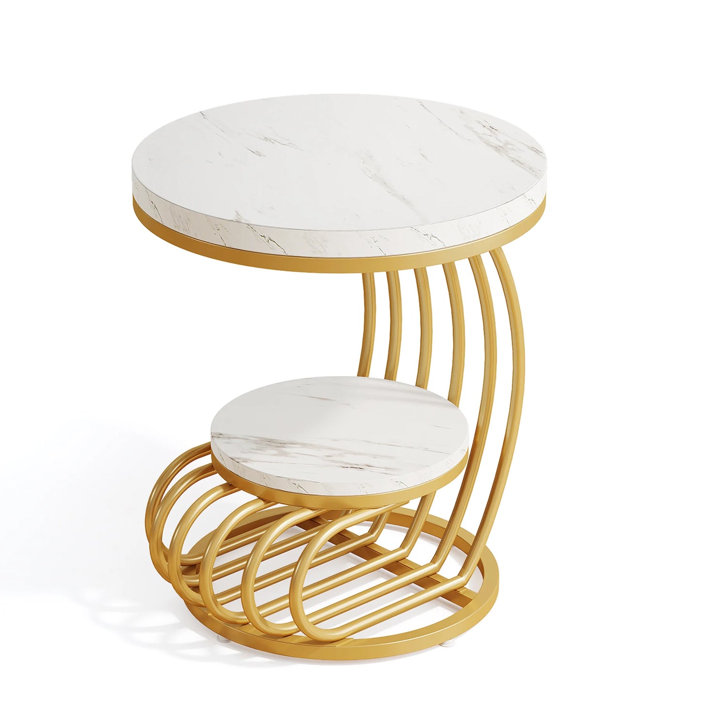 Tribesigns Round End Table Two Tiers Faux Marble Storage