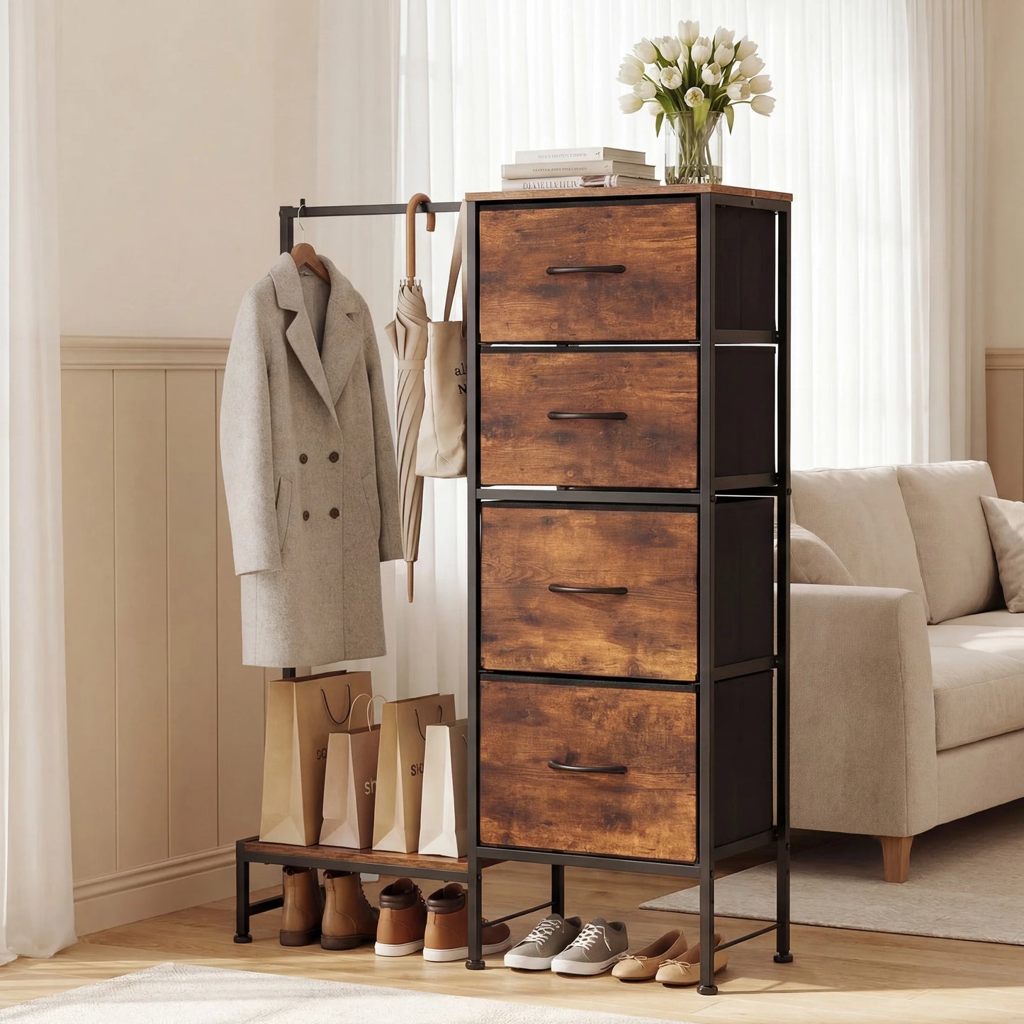 JHK Fabric Dresser Hanging Rack Shelf Living Room Storage Organizer