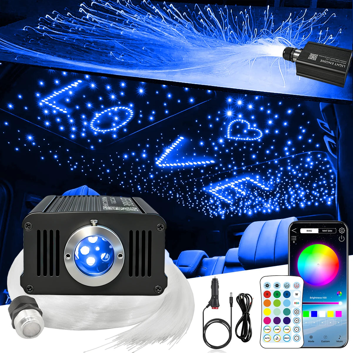 VASTFIRE RGBW Fiber Optic Starlight Headliner Kit With Music Sync