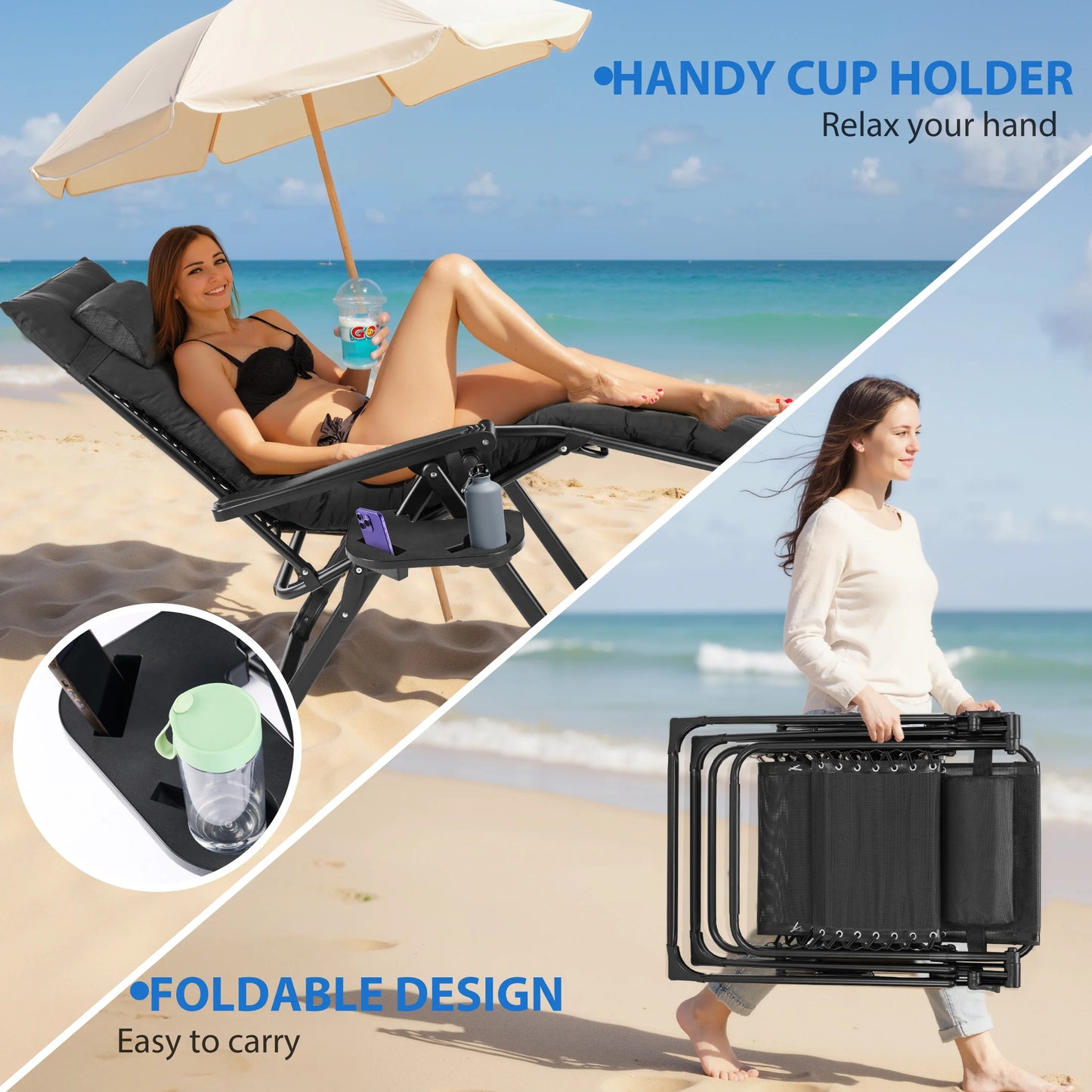Zero Gravity Cushioned Lounge Chair Outdoor Folding Camping Cup Holder