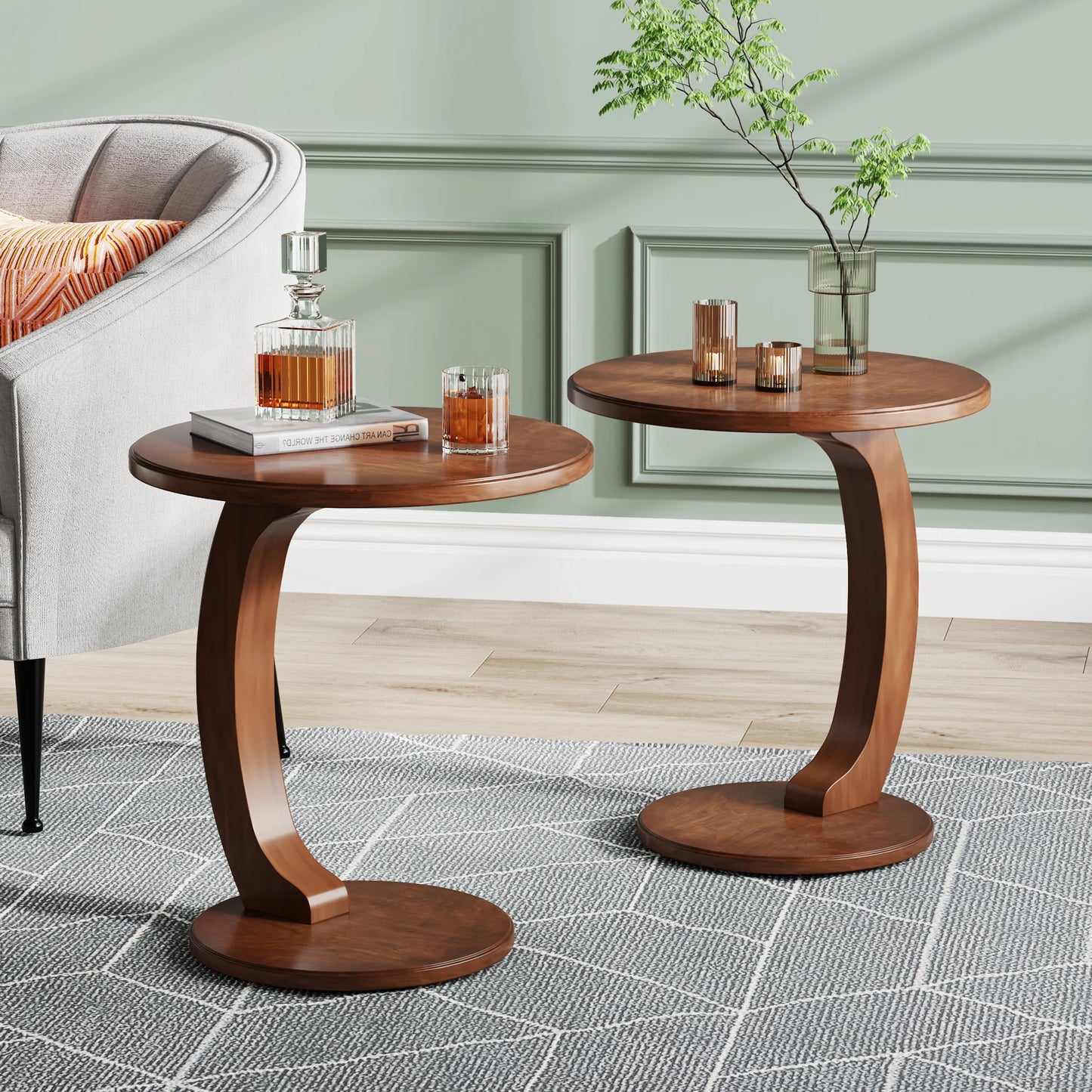 Tribesigns Round End Table Wood C Shaped Sofa Side Table